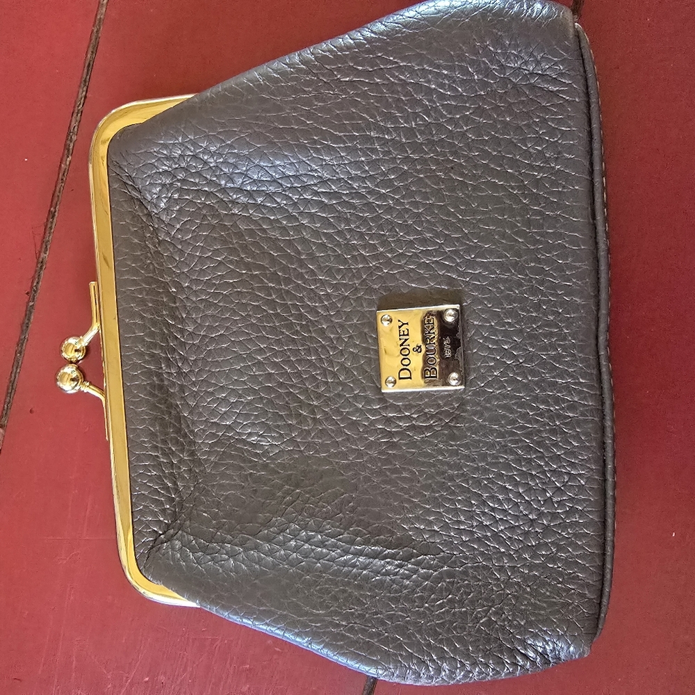Dooney & Bourke Grey Leather Clutch with Gold Accents Kiss Lock